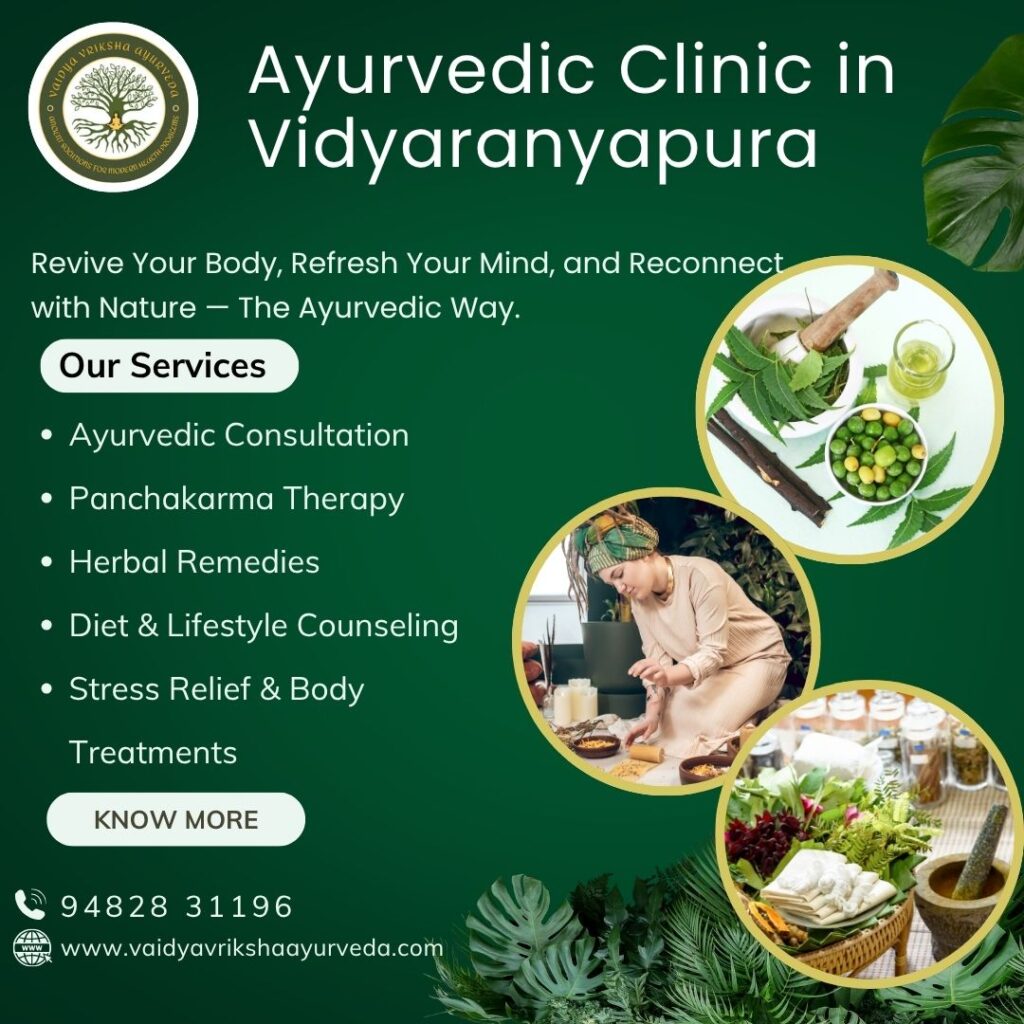 Ayurvedic clinic poster displaying services like Panchakarma, consultation, herbal remedies, and wellness treatments at Vaidya Vriksha Ayurveda in Vidyaranyapura.