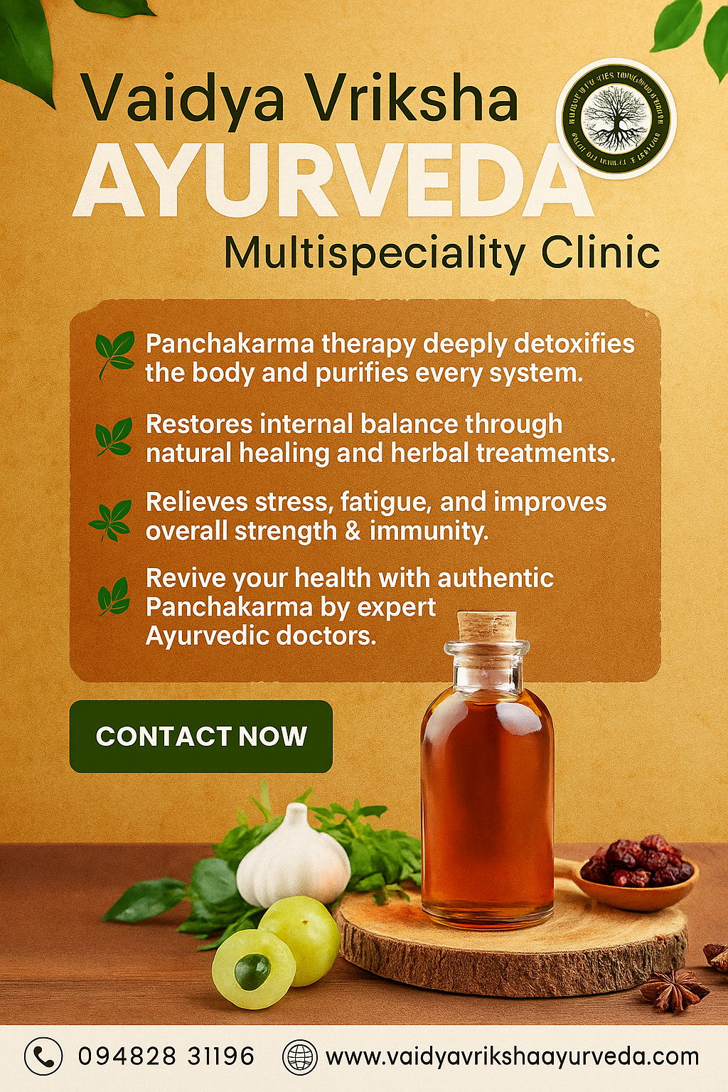 Ayurvedic poster showing Panchakarma wellness benefits, herbal oil bottle, and natural ingredients at Vaidya Vriksha Ayurveda in Yelahanka.