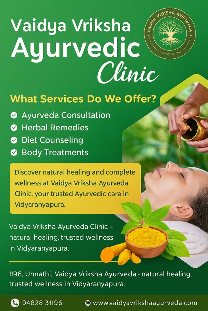Ayurvedic services poster showing consultation, herbal remedies, diet counselling, and body treatments at Vaidya Vriksha Ayurveda in Vidyaranyapura.