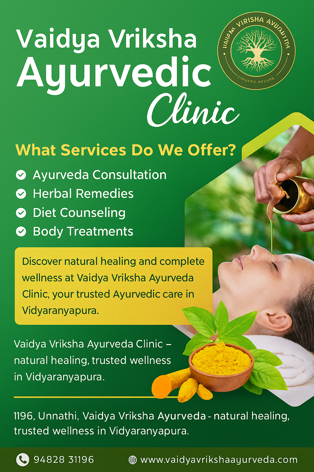 Ayurvedic services poster showing consultation, herbal remedies, diet counselling, and body treatments at Vaidya Vriksha Ayurveda in Vidyaranyapura.