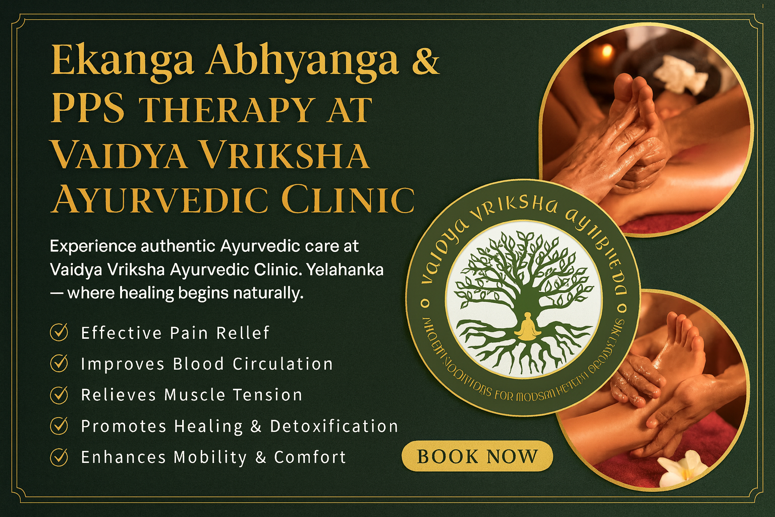 Ayurvedic poster showing Ekanga Abhyanga and PPS therapy with massage visuals at Vaidya Vriksha Ayurveda in Yelahanka.
