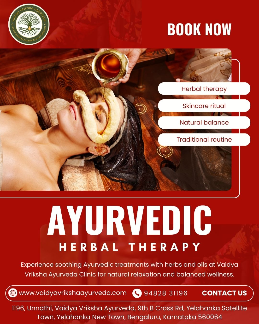 Ayurvedic herbal therapy poster showing warm oil treatment and traditional Ayurveda setup at Vaidya Vriksha Ayurveda in Yelahanka.