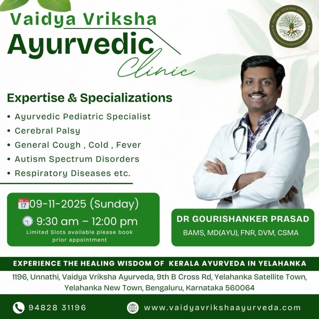 Ayurvedic pediatric and wellness consultation poster featuring Dr. Gourishanker Prasad at Vaidya Vriksha Ayurveda in Yelahanka.