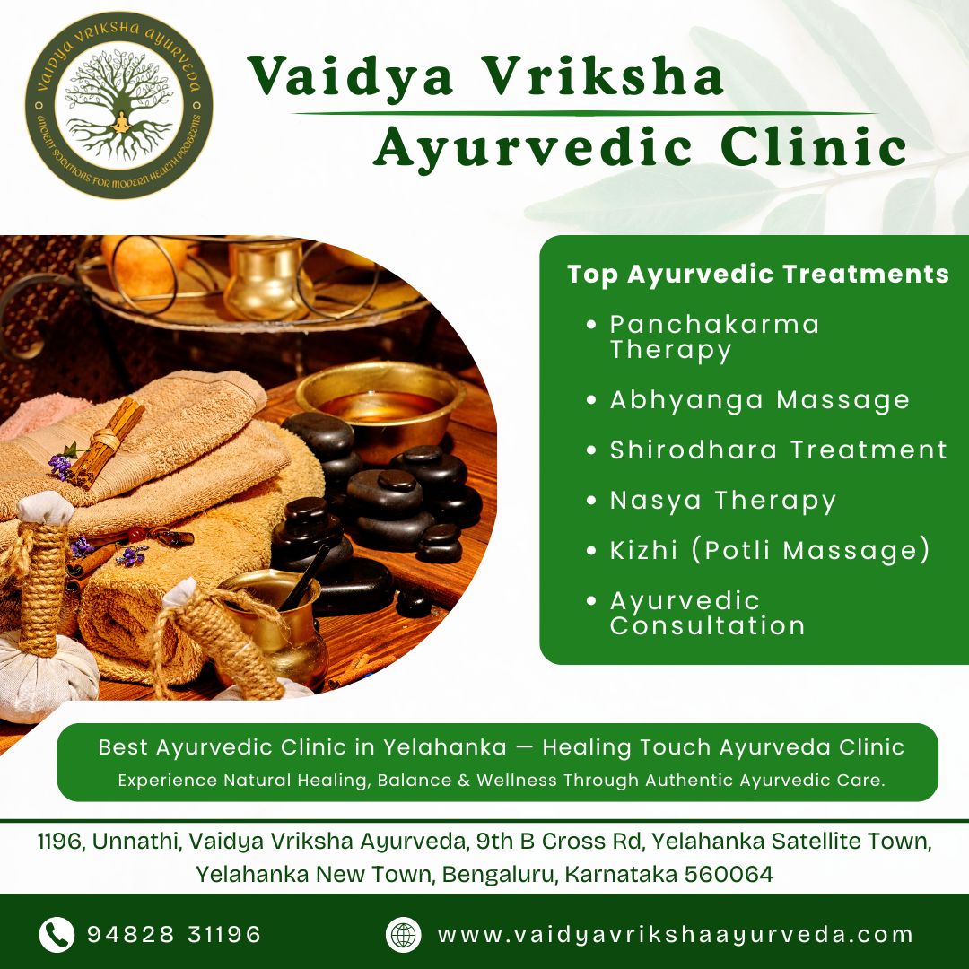 Ayurvedic wellness poster showing Panchakarma, Abhyanga, Shirodhara, Nasya, and Kizhi treatments offered at Vaidya Vriksha Ayurveda in Yelahanka.