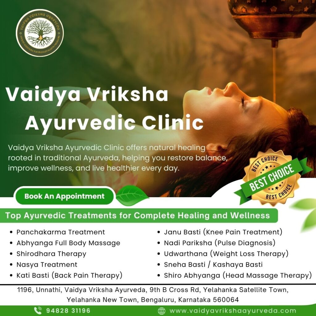 Ayurvedic poster displaying Panchakarma, Abhyanga massage, Shirodhara, Basti therapies, and wellness treatments at Vaidya Vriksha Ayurveda in Yelahanka.