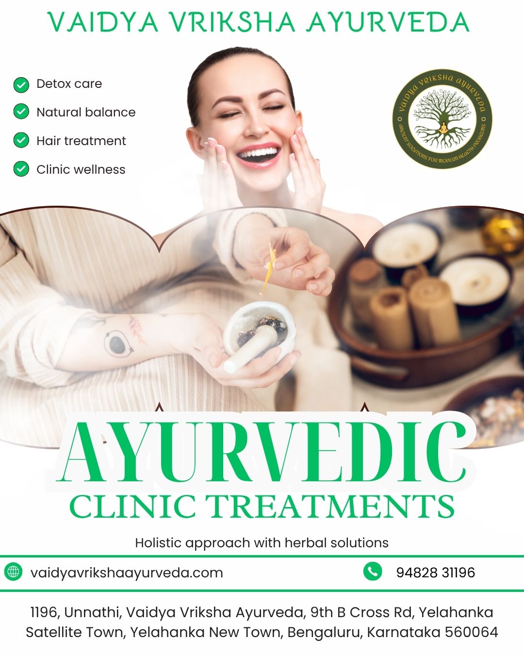 Ayurvedic poster showing detox care, natural wellness, herbal treatments, and hair therapy services at Vaidya Vriksha Ayurveda in Yelahanka.