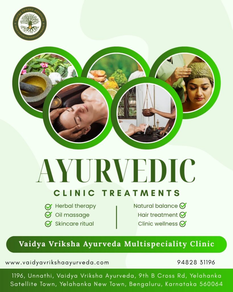 Ayurvedic clinic poster showing herbal therapy, oil massage, skincare and wellness treatments at Vaidya Vriksha Ayurveda in Yelahanka.