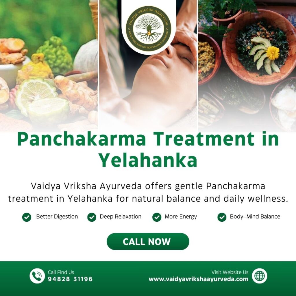 Ayurvedic Panchakarma treatment poster showing herbal oils, wellness visuals, and natural detox therapy at Vaidya Vriksha Ayurveda in Yelahanka.