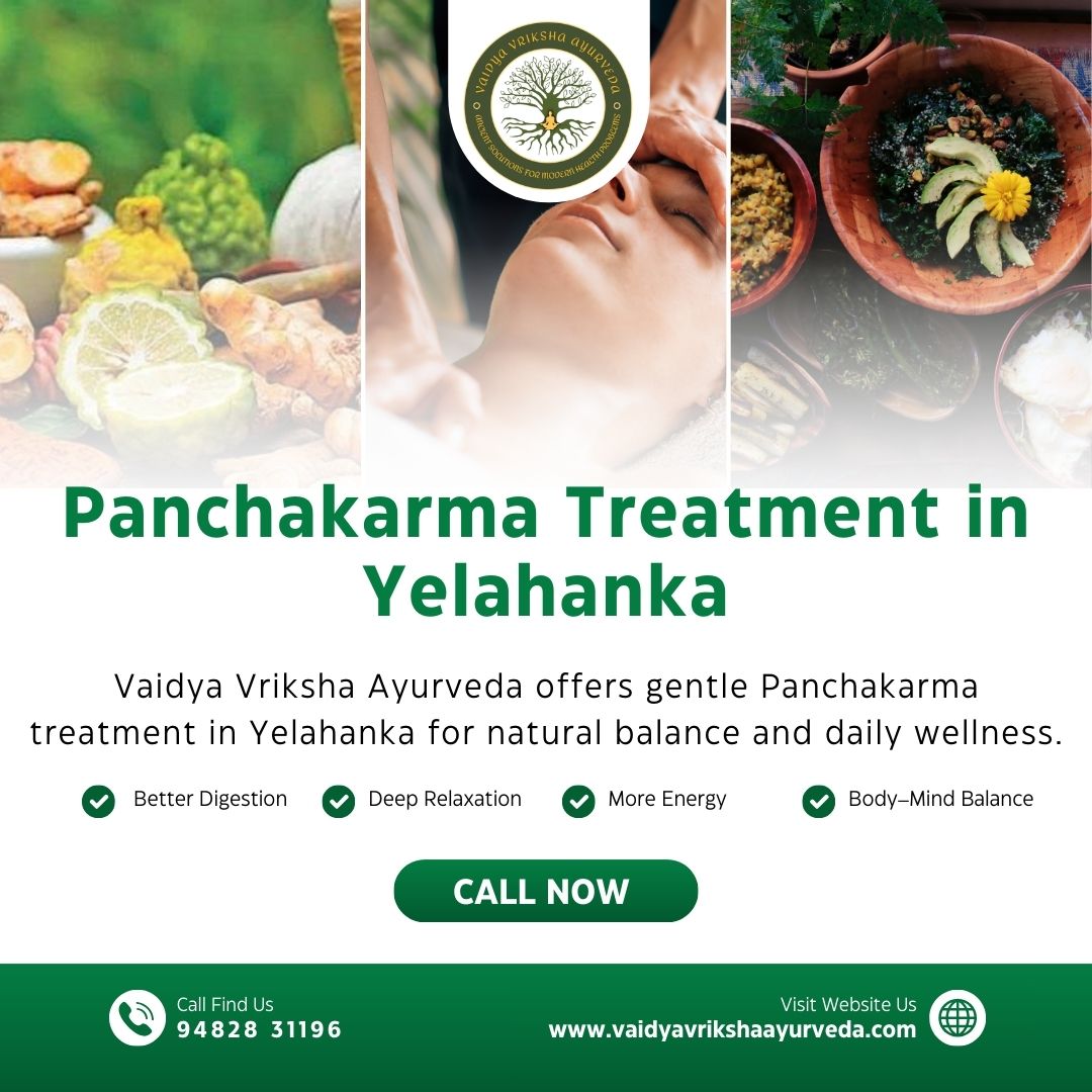 Ayurvedic Panchakarma treatment poster showing herbal oils, wellness visuals, and natural detox therapy at Vaidya Vriksha Ayurveda in Yelahanka.