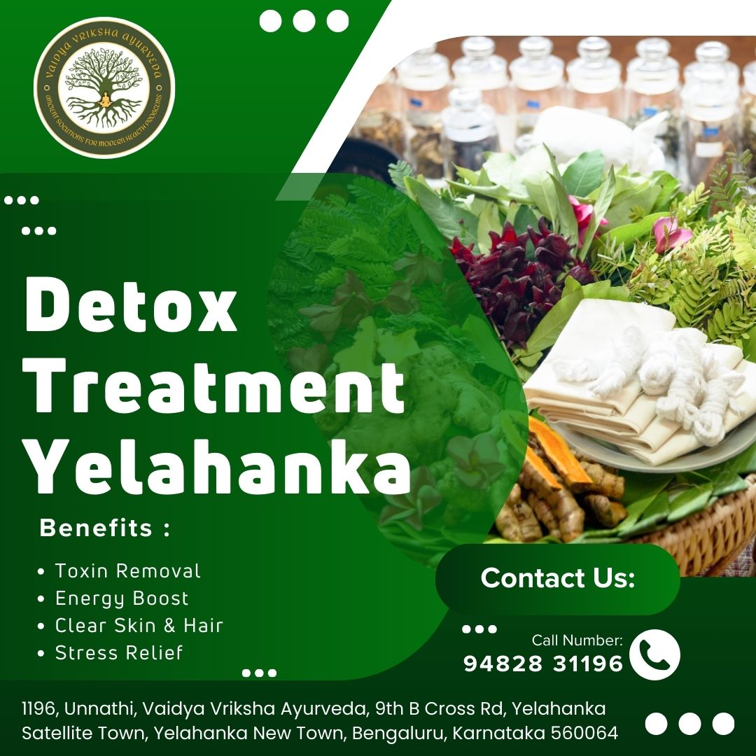 Ayurvedic detox treatment poster showing herbal ingredients and wellness setup at Vaidya Vriksha Ayurveda in Yelahanka.