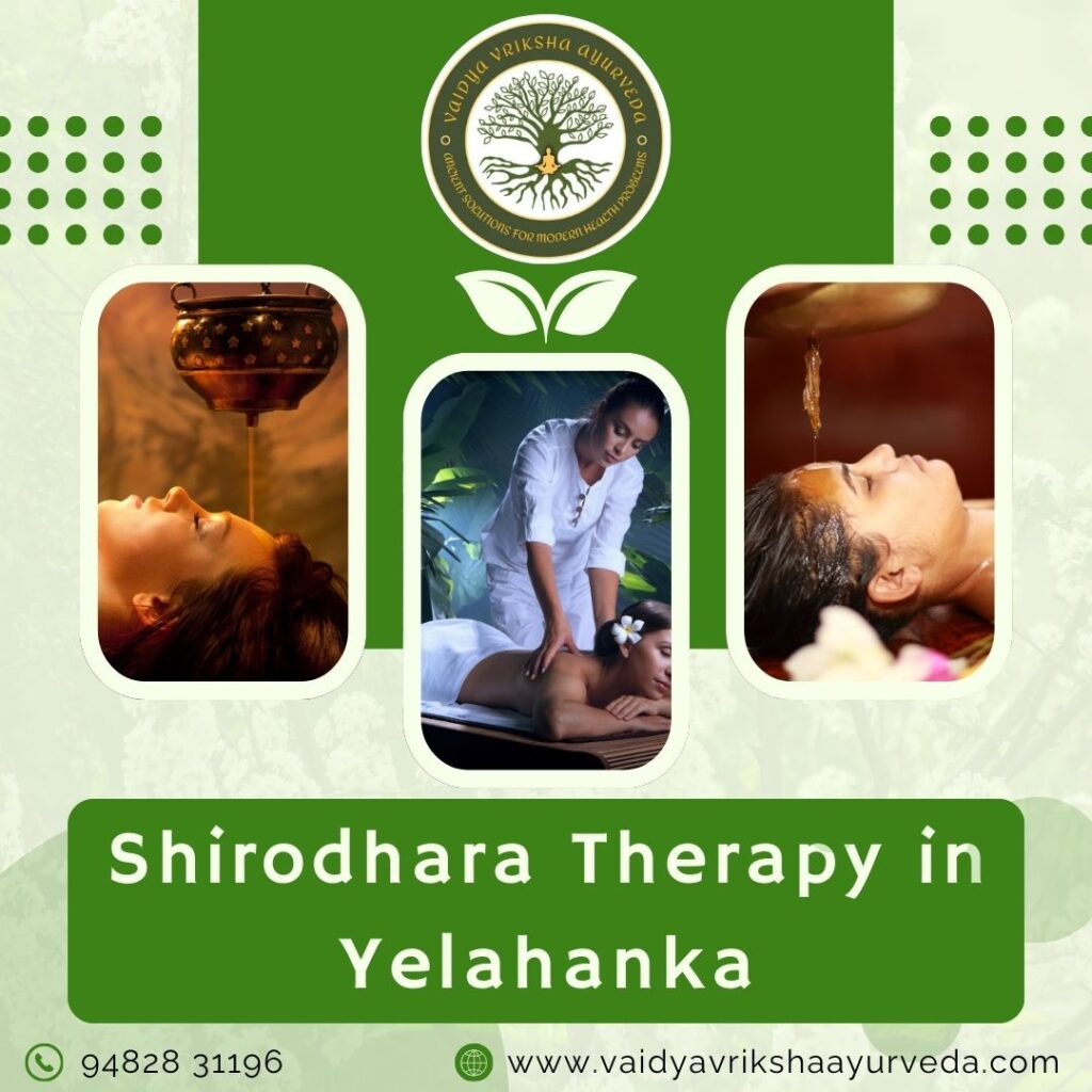 Shirodhara therapy poster showing warm oil flow on the forehead at Vaidya Vriksha Ayurveda in Yelahanka.