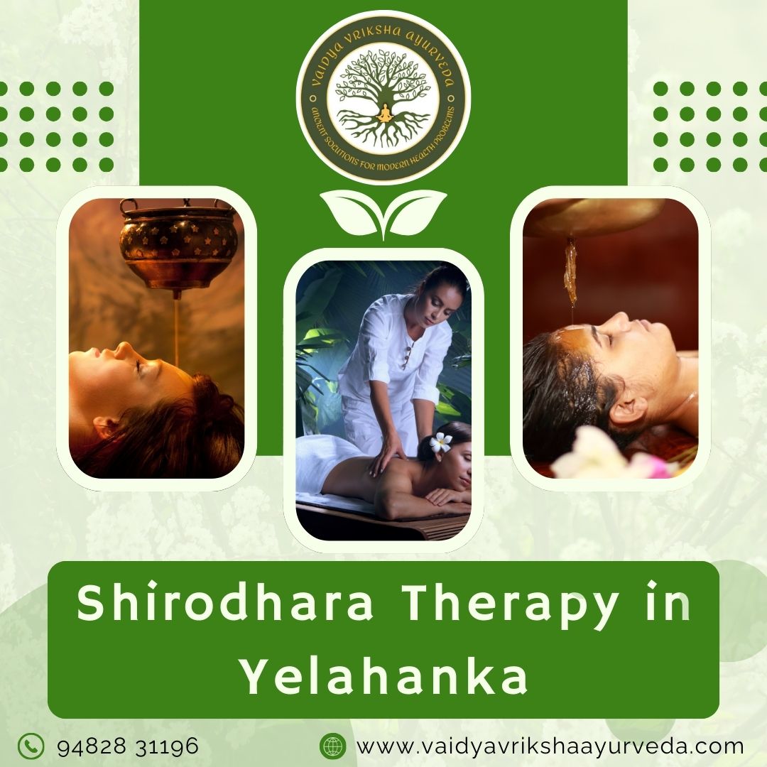 Shirodhara therapy poster showing warm oil flow on the forehead at Vaidya Vriksha Ayurveda in Yelahanka.