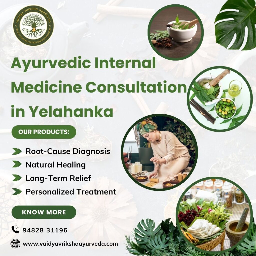 Ayurvedic internal medicine consultation poster with herbal ingredients and natural healing visuals at Vaidya Vriksha Ayurveda in Yelahanka.