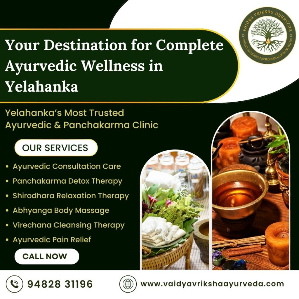 Ayurvedic wellness centre poster showing herbal treatments, massage therapy, and detox services at Vaidya Vriksha Ayurveda in Yelahanka.