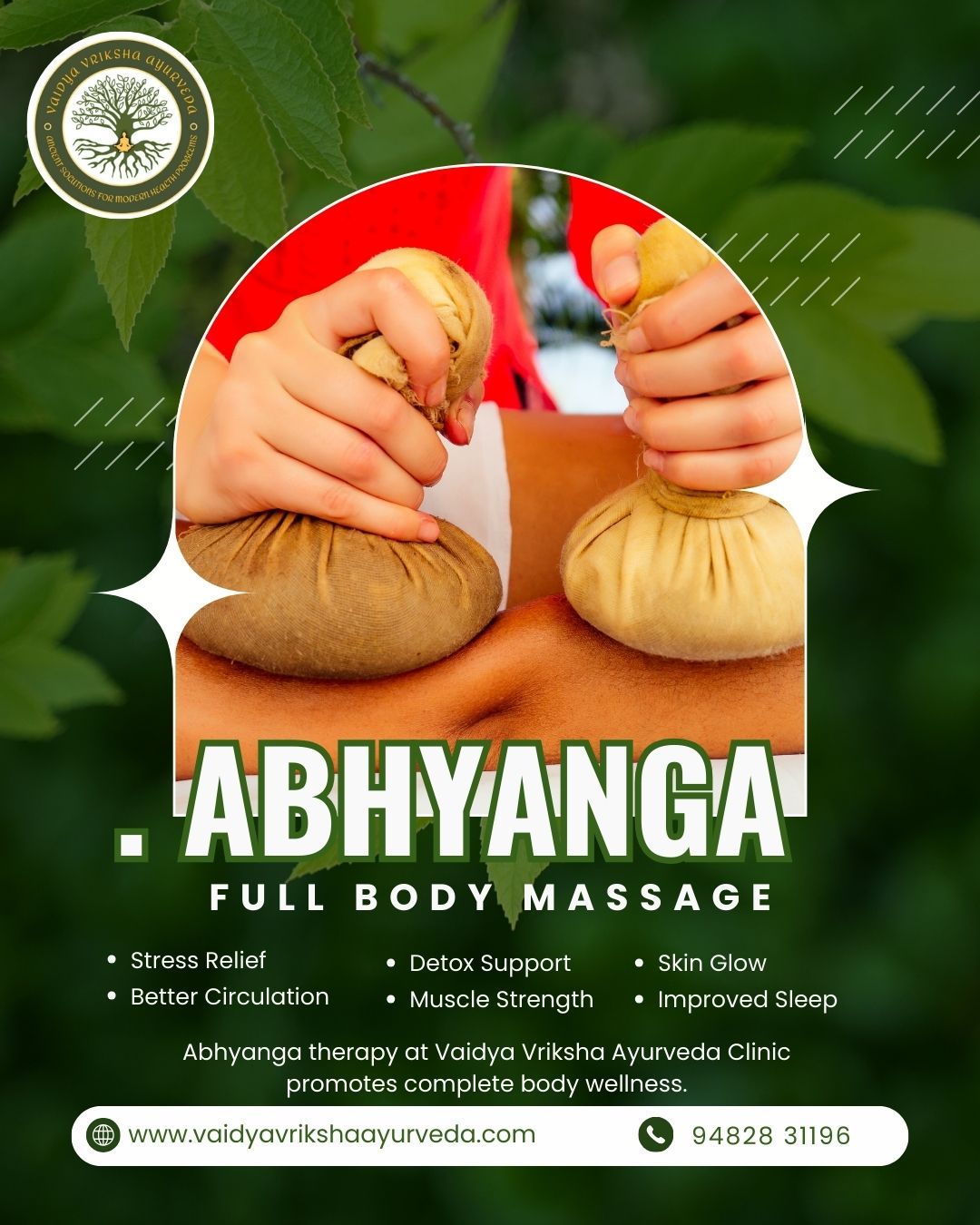 Ayurvedic Abhyanga full body massage poster with herbal warm oil therapy at Vaidya Vriksha Ayurveda in Yelahanka.
