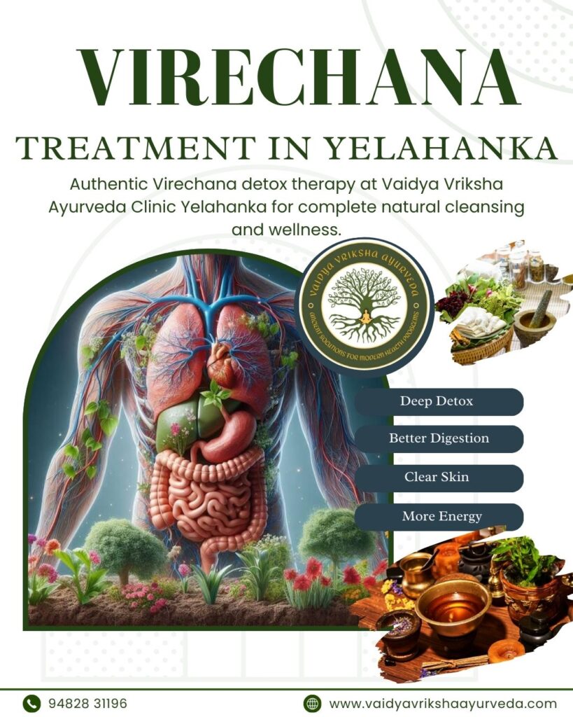 Virechana treatment poster showing Ayurvedic detox therapy and herbal cleansing at Vaidya Vriksha Ayurveda in Yelahanka.