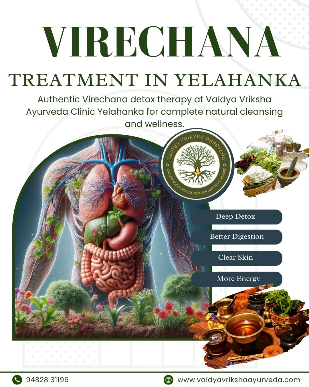 Virechana treatment poster showing Ayurvedic detox therapy and herbal cleansing at Vaidya Vriksha Ayurveda in Yelahanka.
