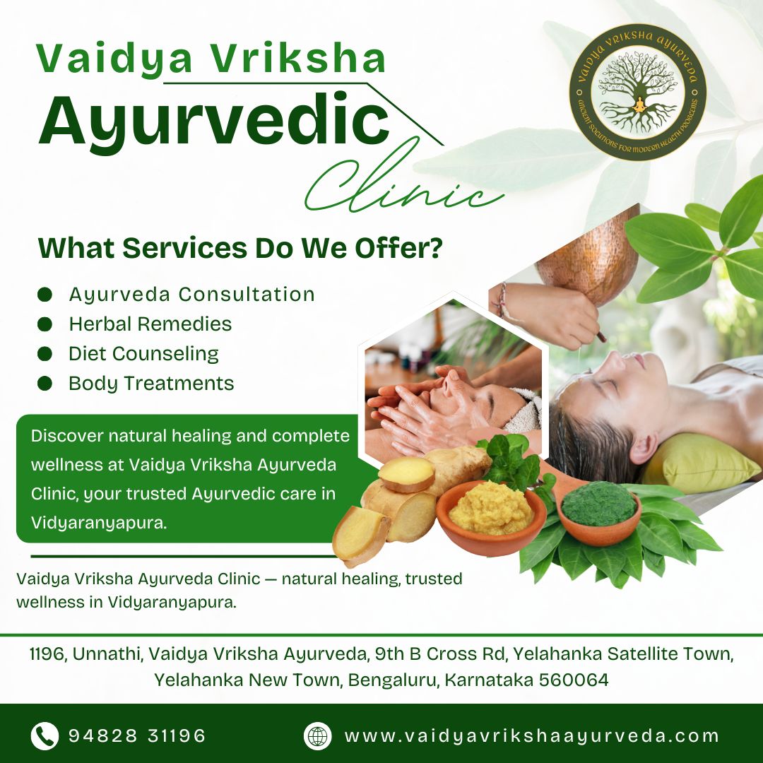 Ayurvedic clinic poster showing wellness services, Shirodhara therapy, herbal treatments, and natural healing offerings at Vaidya Vriksha Ayurveda in Yelahanka.