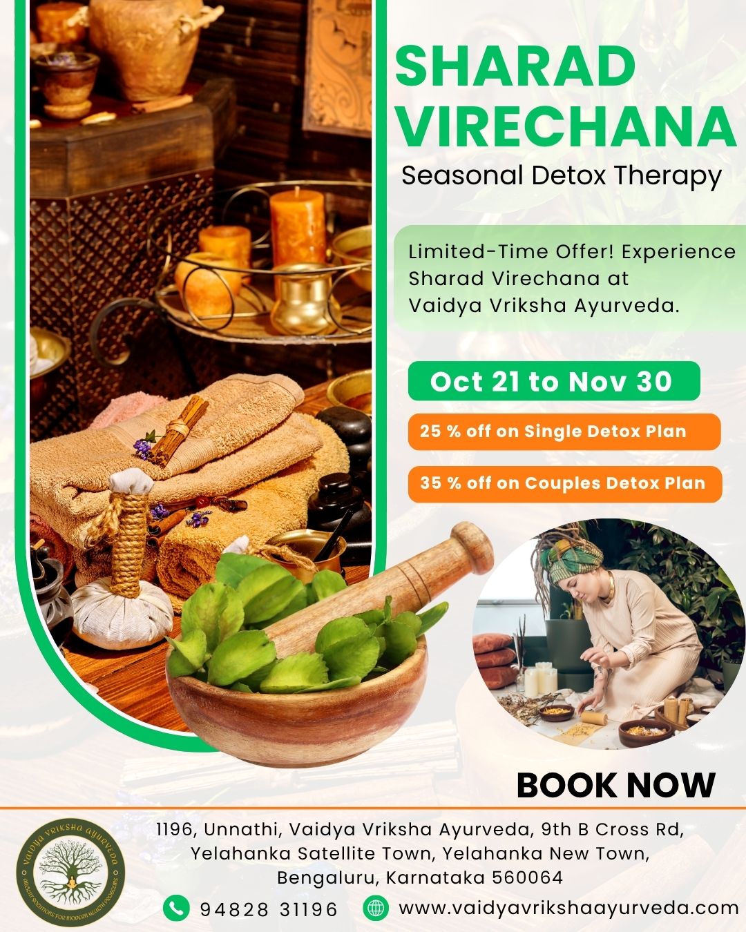 Sharad Virechana seasonal detox therapy poster featuring Ayurvedic setup, herbal ingredients, wellness offers, and Vaidya Vriksha Ayurveda in Yelahanka.