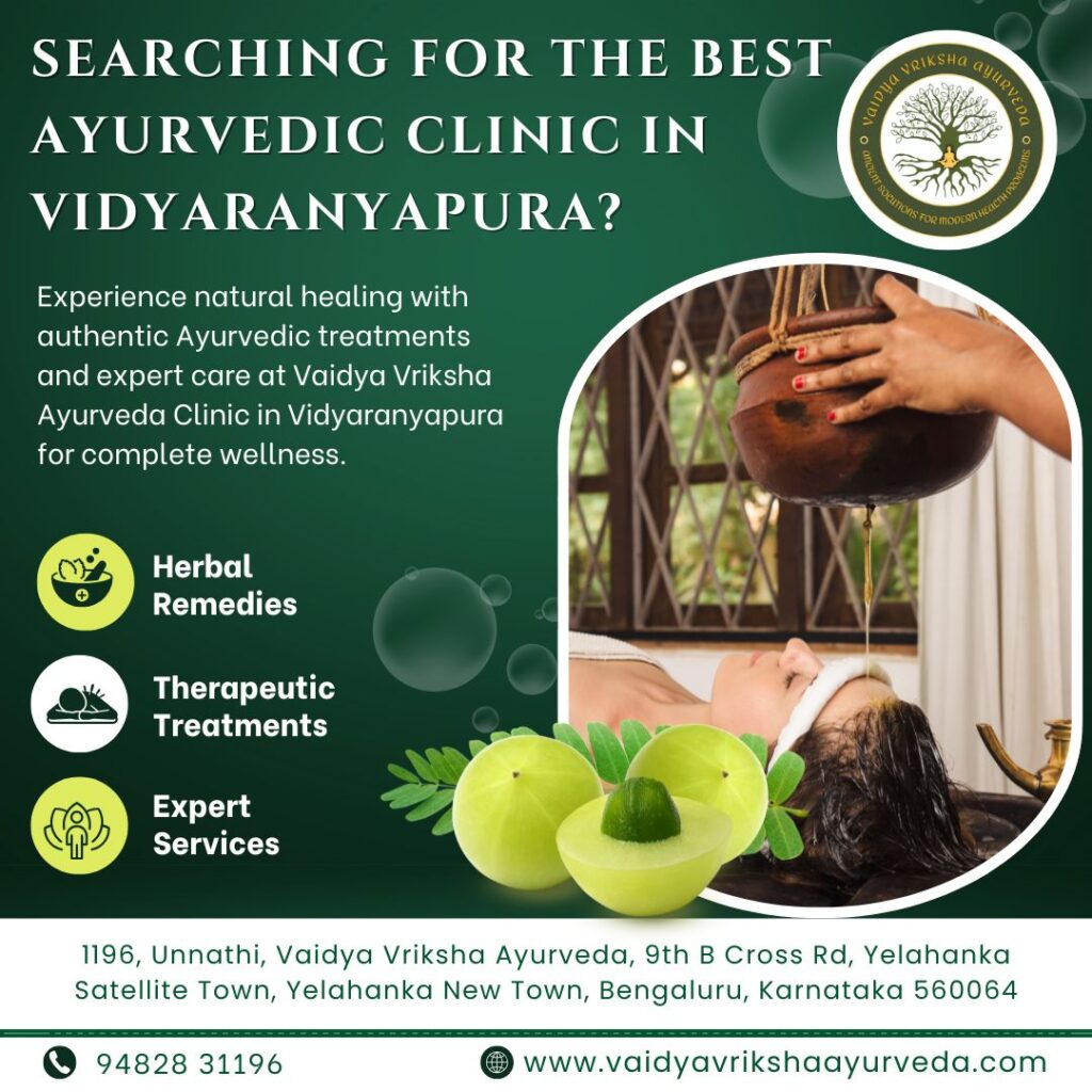 Ayurvedic clinic promotional poster showing Shirodhara therapy, herbal ingredients, and wellness services at Vaidya Vriksha Ayurveda in Yelahanka.