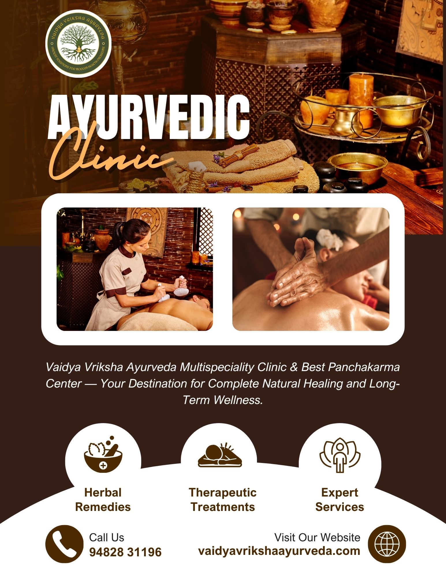 Ayurvedic clinic poster showing massage therapy, herbal remedies, and traditional treatment setup at Vaidya Vriksha Ayurveda in Yelahanka.