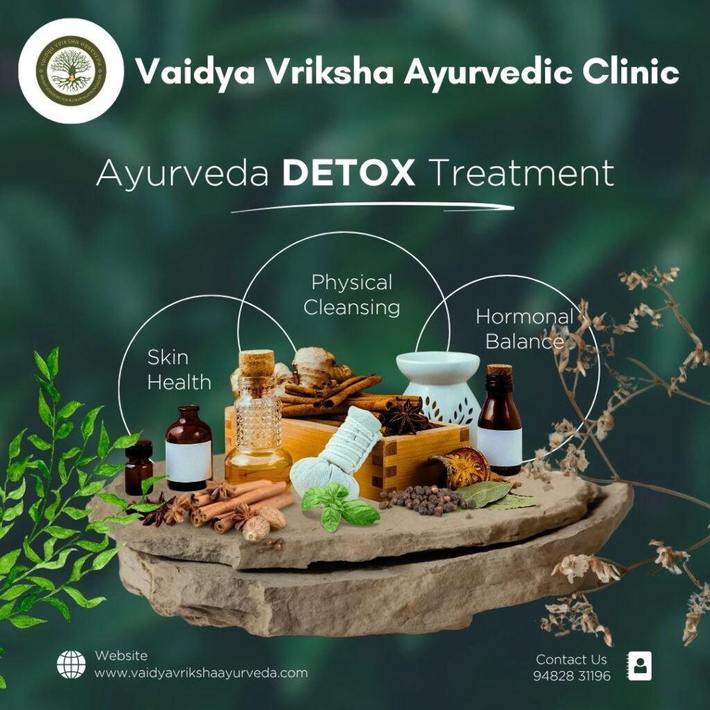 Ayurvedic detox treatment poster showing herbal oils, powders, spices, and natural cleansing concepts at Vaidya Vriksha Ayurveda in Yelahanka.